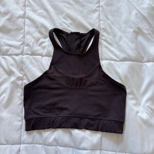 ENCE Womens High Neck Mesh Racerback Sports Bra Espresso Brown Large Zip Back